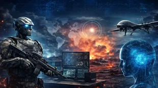 AI in Military advanced technology with drone and robotic soldier