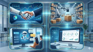 AI in modern business showing automation and data analytics dashboard