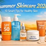 Summer skincare 2026 essentials including sunscreen, cleanser, serum, and moisturizer on a bright seasonal background
