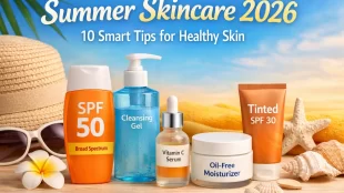 Summer skincare 2026 essentials including sunscreen, cleanser, serum, and moisturizer on a bright seasonal background
