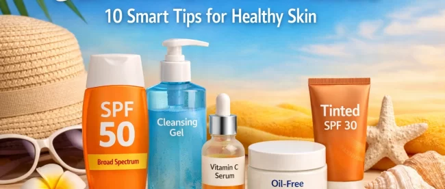 Summer skincare 2026 essentials including sunscreen, cleanser, serum, and moisturizer on a bright seasonal background