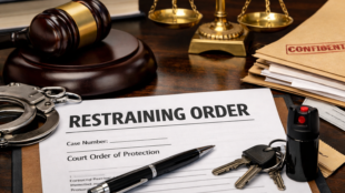 Legal document representing a restraining order with court gavel and paperwork