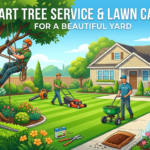 professional tree service and lawn care maintenance in residential yard