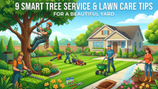 professional tree service and lawn care maintenance in residential yard