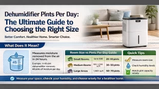 Dehumidifier pints per day guide showing room size chart and moisture removal tips