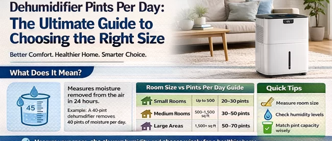 Dehumidifier pints per day guide showing room size chart and moisture removal tips